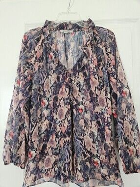 All Saints Pink and Blue Abstract Snake-Print Ruffle Blouse